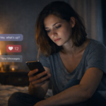 Young woman sitting alone on her bed at night, looking tired while staring at her smartphone, illuminated by the screen glow, with message notifications visible and a dimly lit room in the background.