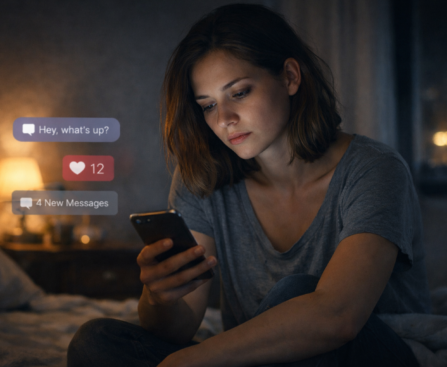 Young woman sitting alone on her bed at night, looking tired while staring at her smartphone, illuminated by the screen glow, with message notifications visible and a dimly lit room in the background.