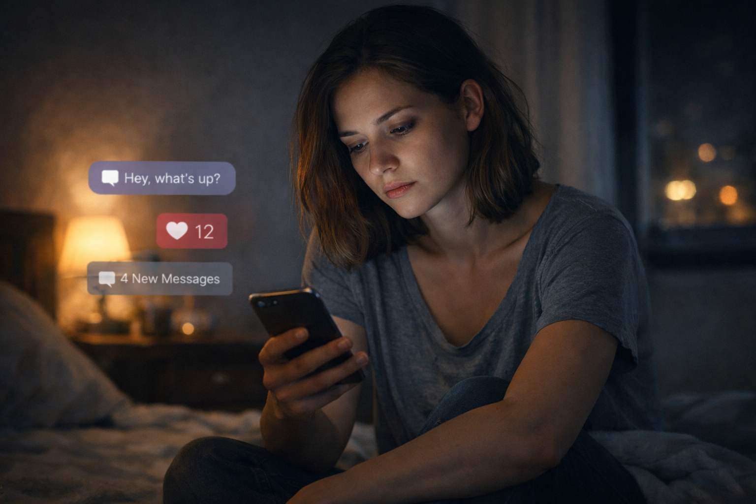 Young woman sitting alone on her bed at night, looking tired while staring at her smartphone, illuminated by the screen glow, with message notifications visible and a dimly lit room in the background.